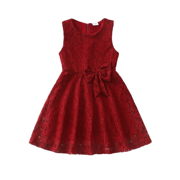 KIMI BEAR 5Y Little Girls Dress 6Y Kids Child Gilr Summer Clothes Sleeveless Solid Color A-line Dress Lace Flowers Bowknot One-piece Overalls Clothing Red 5-6 Years
