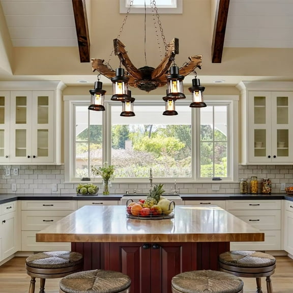 FINE MAKER 30 Inch Farmhouse Wooden Chandelier, Living Room 6 Light Industrial Vintage Glass Chandelier