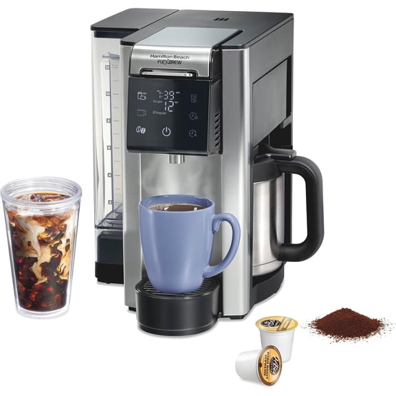FlexBrew Advanced 5-in-1 Thermal Programmable 12 Cup Drip and Single Serve Hot & Iced Coffee Maker, Movable 60oz. Water Reservoir, Use Pod Packs and Grounds, Fast Brewing, Black (49929)