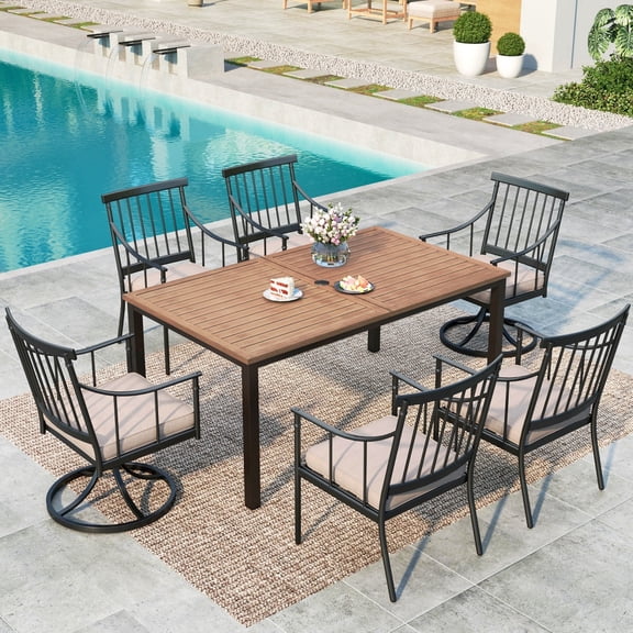 7-Piece Outdoor Patio Dining Set with Faux Wood Table & Swivel Cushioned Chairs, Black & Beige