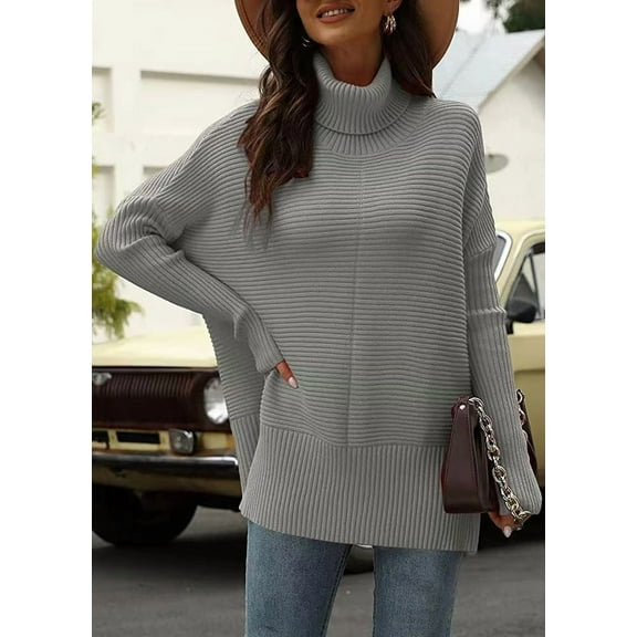 ZANKLEY Women's Oversized Turtleneck Sweaters Fall Batwing Sleeve Ribbed Tunic Sweater