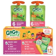GoGo squeeZ Fruit & veggieZ Applesauce and Puree Variety Pack, Boulder Berry and Pedal Peach Snack Pouches Variety Pack, 3.2 oz, 12 pack