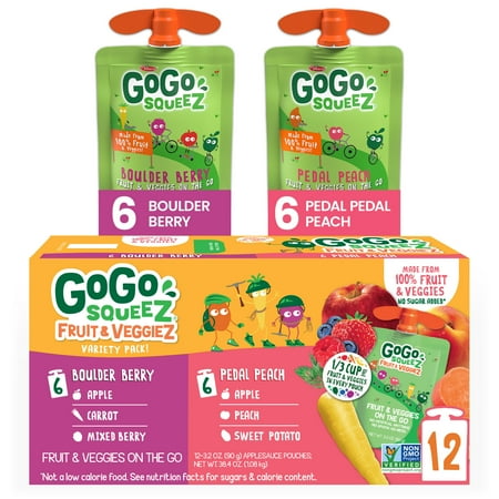 GoGo squeeZ Fruit & veggieZ Applesauce and Puree Variety Pack, Boulder Berry and Pedal Peach Snack Pouches Variety Pack, 3.2 oz, 12 pack