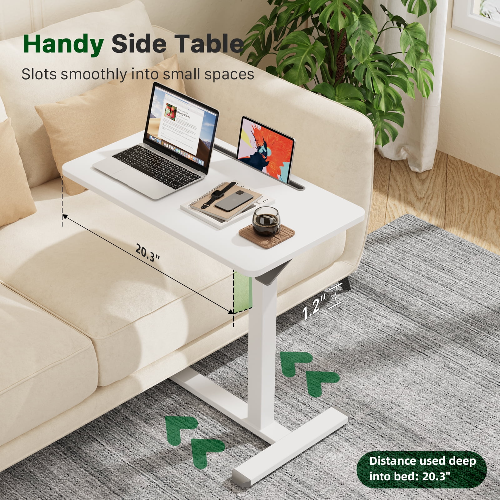 Mobile Standing Desk 27.5inch Adjustable Overbed Bedside Table With Hidden Wheels for Hospital, White