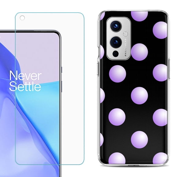 Slim-Fit TPU Phone Case Compatible with OnePlus 9 5G, with Tempered Glass Screen Protector, by OneToughShield ® - Polka Dot / Purple