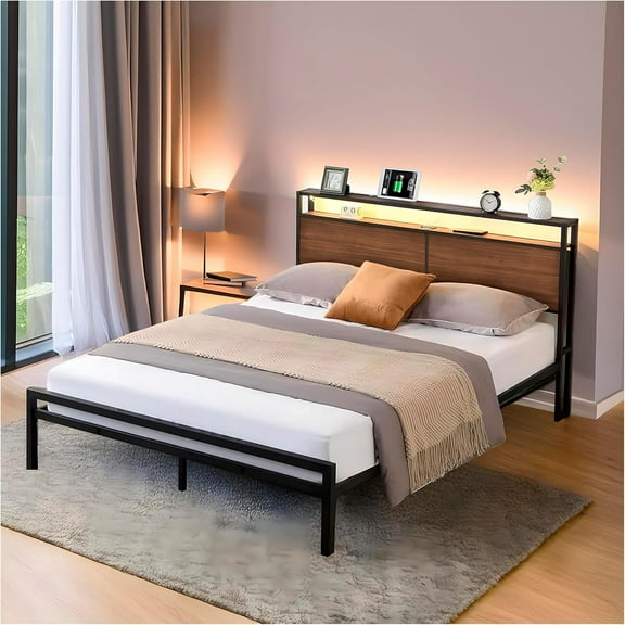 UTILIA Base de Cama Matrimonial con Cabecera, Luces LED, Metal Antideslizante, 2 USB y 2 Tomas de CA