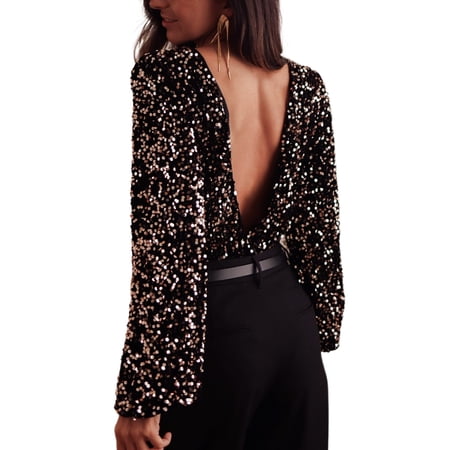 Make a Statement with this Elegant Black Sequin Bodysuit - Deep V Back and Puff Sleeves - [ZhiHiMeRi] | (US 8-10)M
