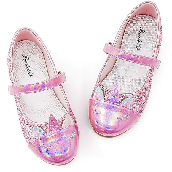 Furdeour Big Girl Glitter Dress Up Shoes Unicorn Shoes Size 3 Formal Flat Casual Cute Princess Platform Girl Party Mary Jane Wedding Flower Shoes (2502Pink 3)