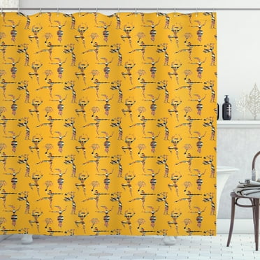 Folk Art Shower Curtain, Ethnic Themed Illustration of Tribal Stylized Dancing Figures, Fabric Bathroom Set with Hooks, 69W X 84L Inches Extra Long, Earth Yellow and Multicolor, by Ambesonne