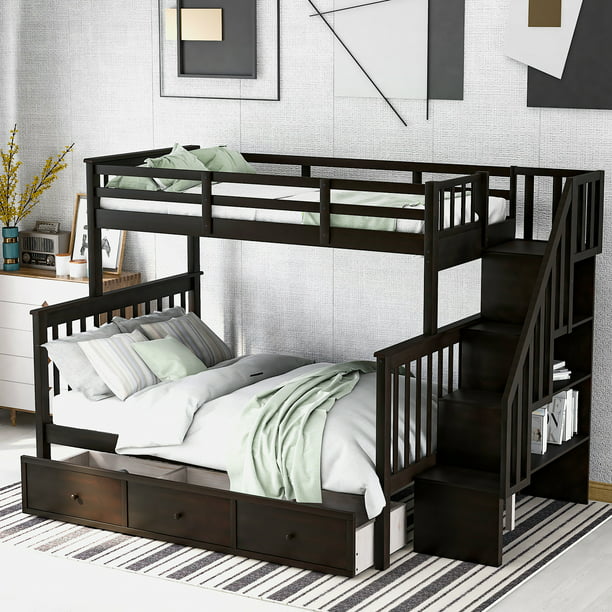 Drawers Stairway Wood Bunk Beds Frame, Black Bookshelf Headboard Full Size Bedroom Uk