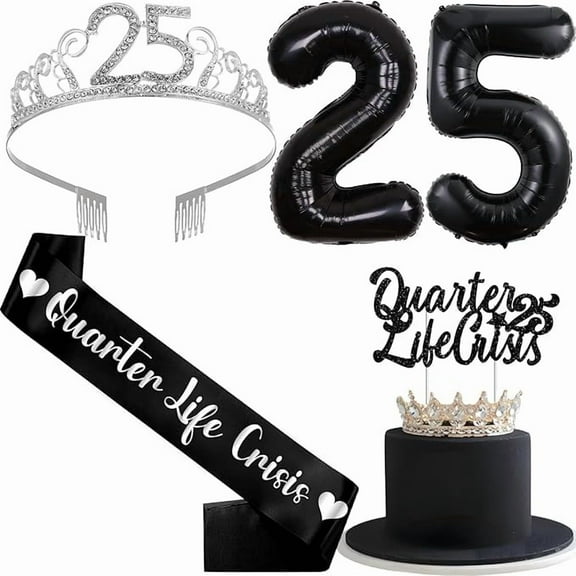 25th Birthday Decor for Women Black Quarter Life Crisis Sash 25th Birthday Crown 25th Birthday Party Favors Cake Toppers Give Her Cheering 25th Supplies for Funny Twenty Fine Birthday