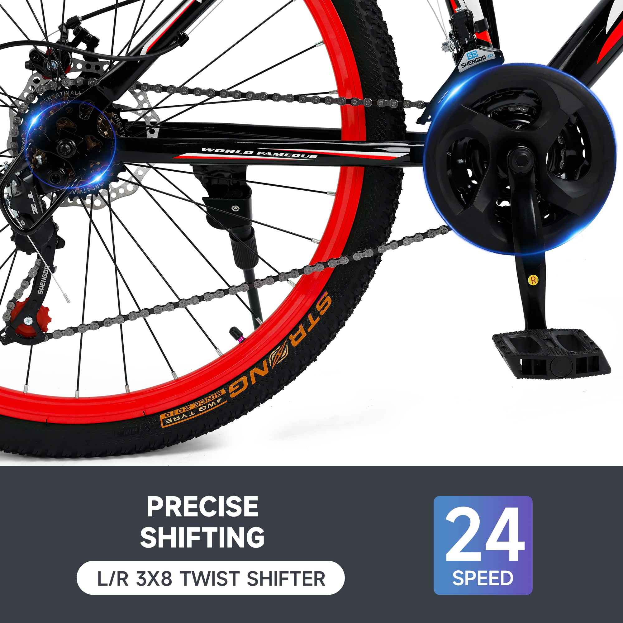 26" Mountain Bike for Men/Women, 24 Speed Shimano Twist Shifting, Front or Dual Suspension, Comfort Saddle Red/White/Blue/Green