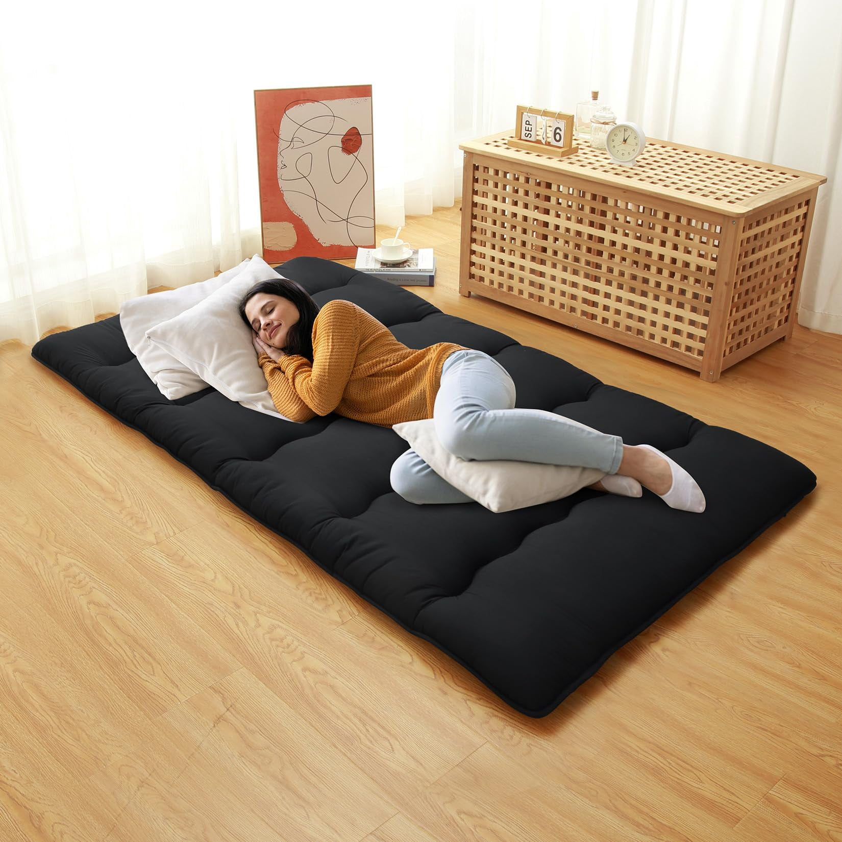 AOILE Japanese Futon Floor Mattress – Wave Pattern Roll-Up Tatami Mat for Sleeping, Camping, Twin/Full/Queen Size