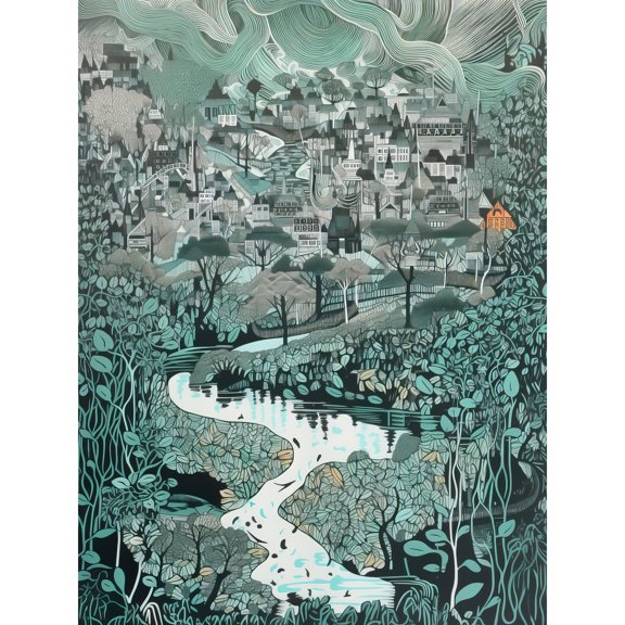 Village Near River Forest Landscape Blue Linocut Large Wall Art Poster Print Thick Paper 18X24 Inch