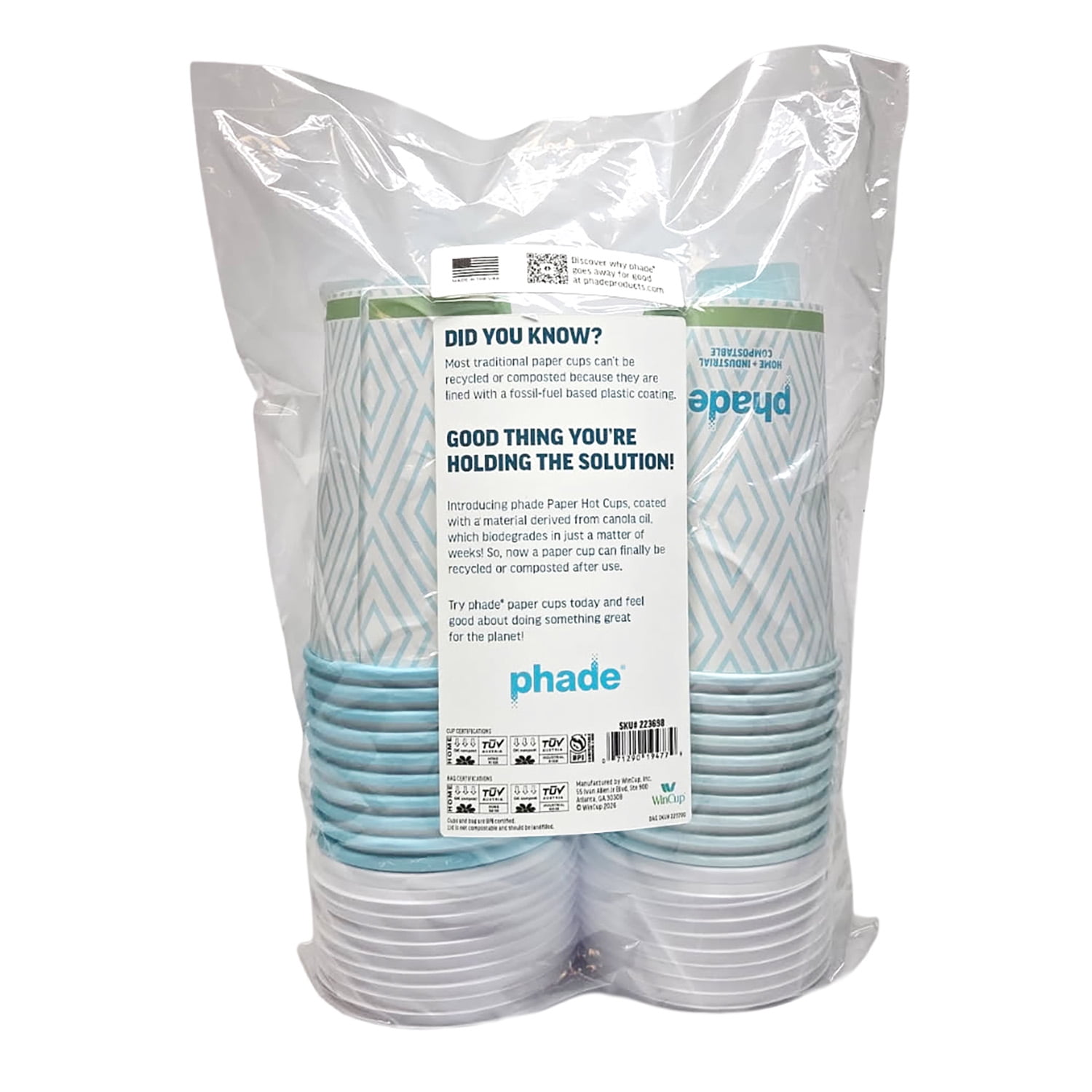 Phade 16 oz Compostable Paper Hot Cups with Lids, 20 Count, Blue Diamond Design