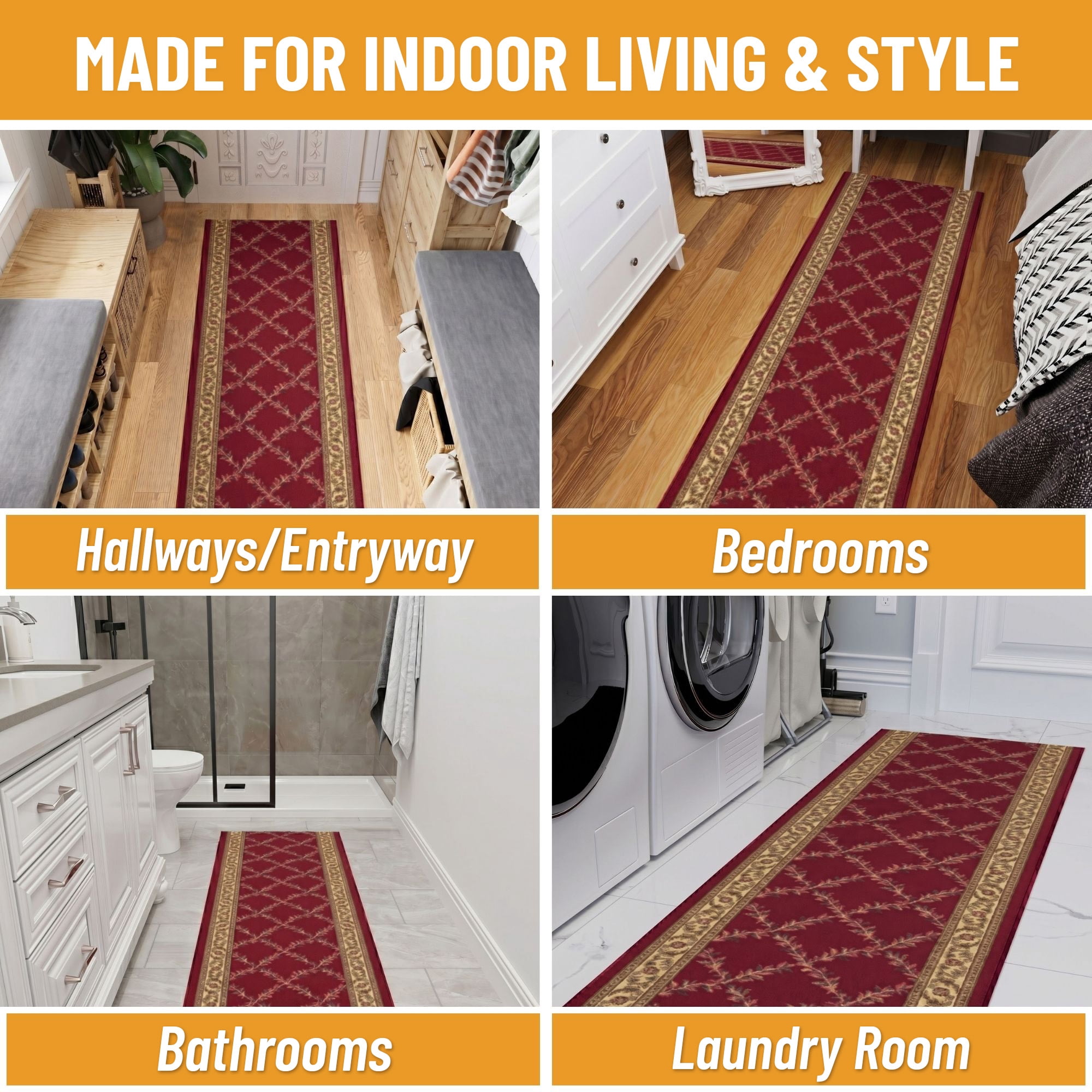 Ottomanson Extra Long Runner Rug 1'10.5" x 25' – Non-Slip Low Pile Hallway Carpet, Trellis Burgundy Red