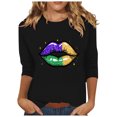 thumbnail image 2 of Cavosen Mardi Gras Womens 3/4 Sleeve T Shirts Casual Festival Carnival Round Neck Blouse Lips Graphic Print Tops Holiday Fashion Shirts Dressy Athletic Tees Party Tuesday Black XL, 2 of 5