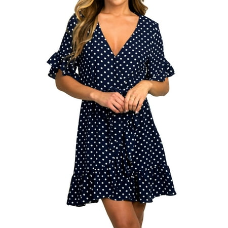 Dotted Chiffon Mini Dress Women's Dress Polka Dots V Neck Short Sleeve Ruffled Pleated Swing Chiffon Casual Plain Mini Dresses ()