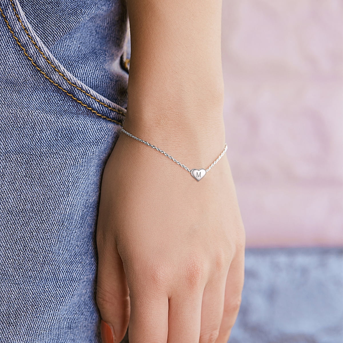 Sterling Silver Bracelet with One Small Disc Initial | Little Grey Moon