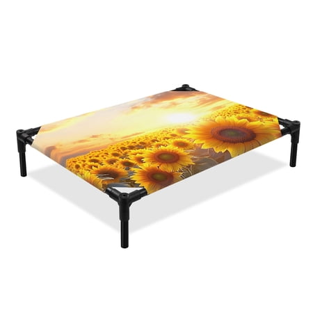 Vintage Style Elevated Dog Bed Summer Floral Sunflower Sunset Field Rustic Cooling Breathable Outdoor Raised Dog Cot Bed with Metal Frame Non-Slip Feet for Large Dog 28x22in