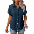 thumbnail image 5 of GXIPO Button Down Shirt Women Cotton Short Sleeve Blouses V Neck Collared Button Up Summer Beach Tops Navy L, 5 of 6