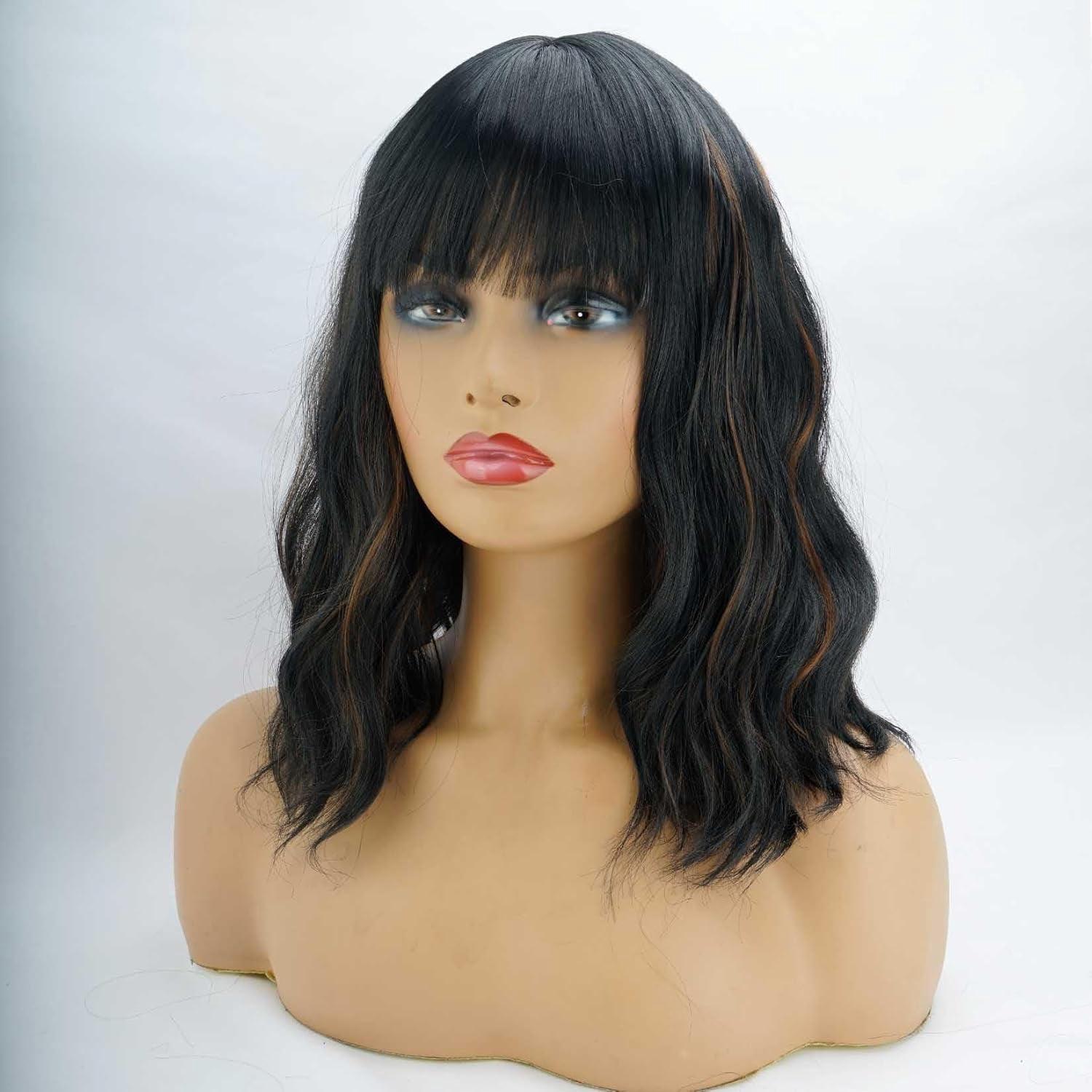 SUCS Black Wavy Wig with Bangs Soft Short Bob Wigs for Women Synthetic Shoulder Length Women's Curly Wigs