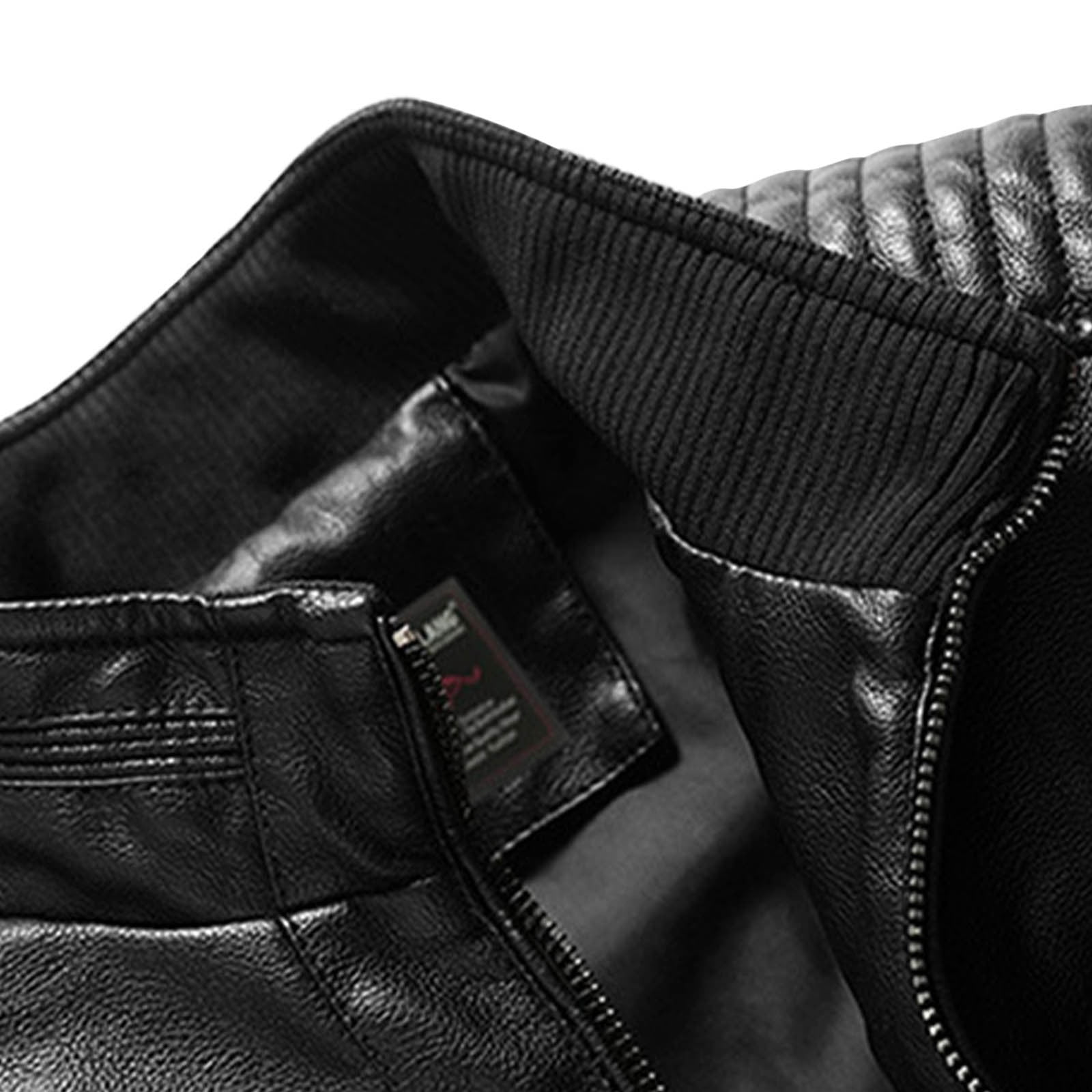 COSFO Motorcycle Jacket for Men Winter Black Faux Leather Outerwear with Pockets Long Sleeve Loose Fit Zip Up Stand Colla Mens Sport Coat