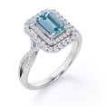 thumbnail image 4 of JeenMata Pave Crossover 1.35 Carat Emerald Cut Vivid Blue Created Aquamarine and Moissanite Double Halo Design Engagement Ring in 18K White Gold Plating over Silver, 4 of 5