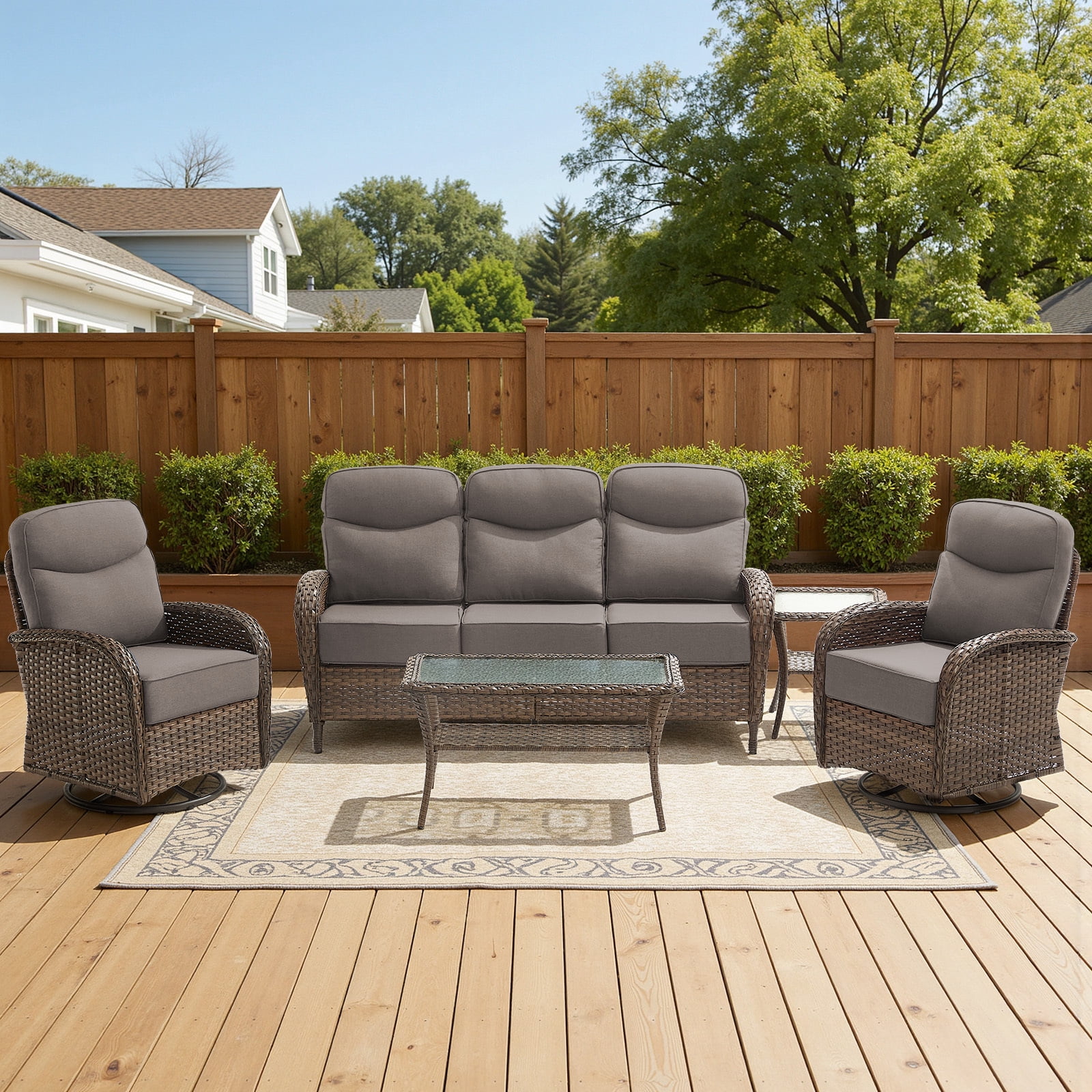 Bellefurn Luxury 5-Piece Patio Furniture Sets with 6-Inch Thick Cushions,High Back Wicker Swivel Rocker Patio Chairs,Couch and Coffee Table,All-Weather Conversation Set for Porch Deck Yard Pool