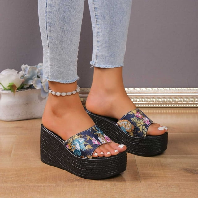 Cameland Sandales Compensées à Plateforme d'Été pour Femmes Couleur Unie Florale