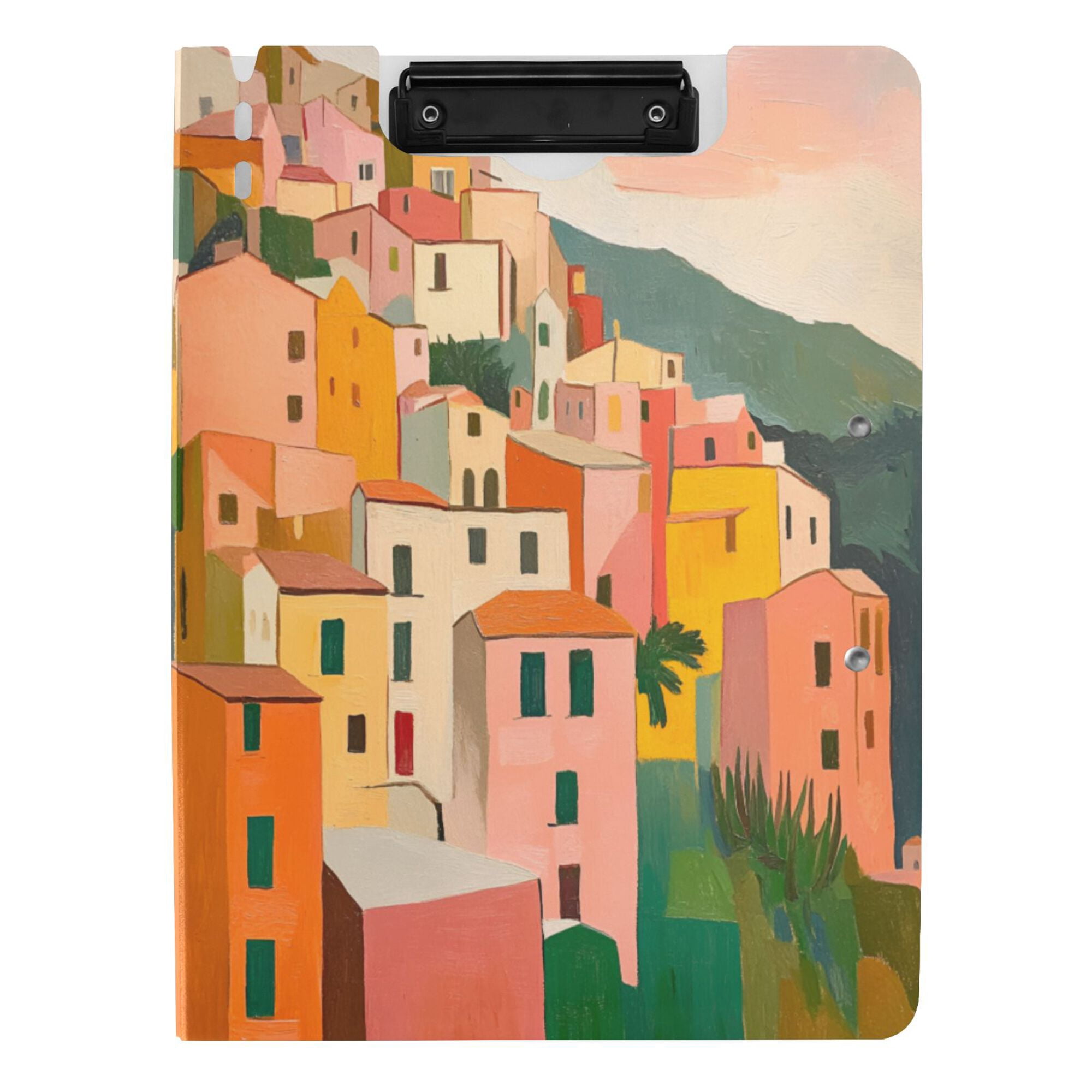FORMRS A4 Clipboard Folder with Pen Holder Horizontal Foldable School Office Binder, Pink Cityscape Painting