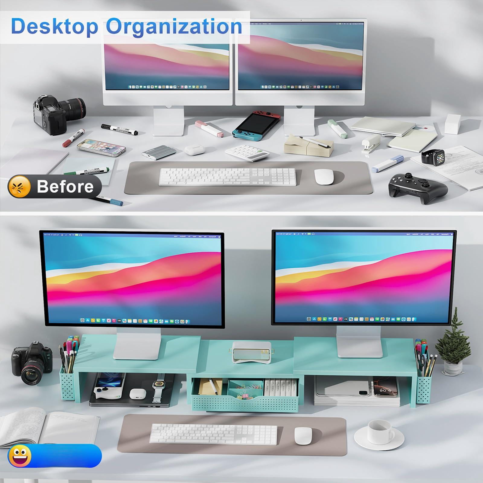 Dual Monitor Stand Riser  Desk Organizer With Drawer And 2 Pen Holders For Office Decor (blue)
