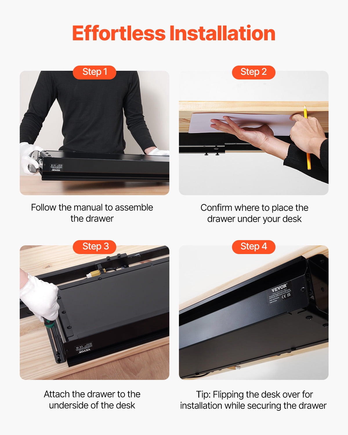 VEVOR 33" Wide Under Desk Drawer Slide Out, Under Desk Mount Pull Out Drawer Attachment, Hidden Desk Storage Organizer, Under Table Pencil Drawer for Office Home Sit Stand Workstation, 33x9x4 In
