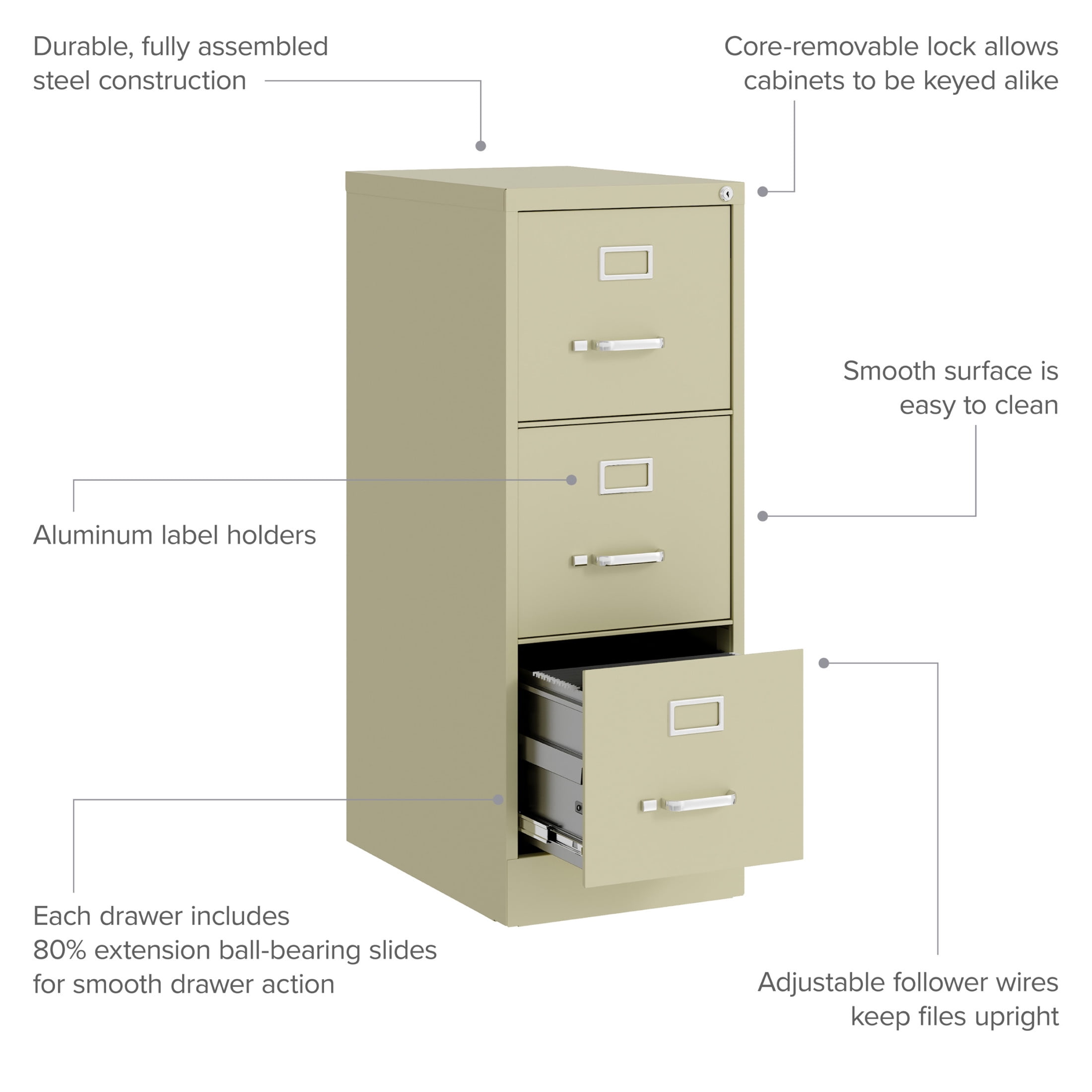 Hirsh 3 Drawer Letter Locking Metal Vertical File Cabinet, 22" Deep, Putty