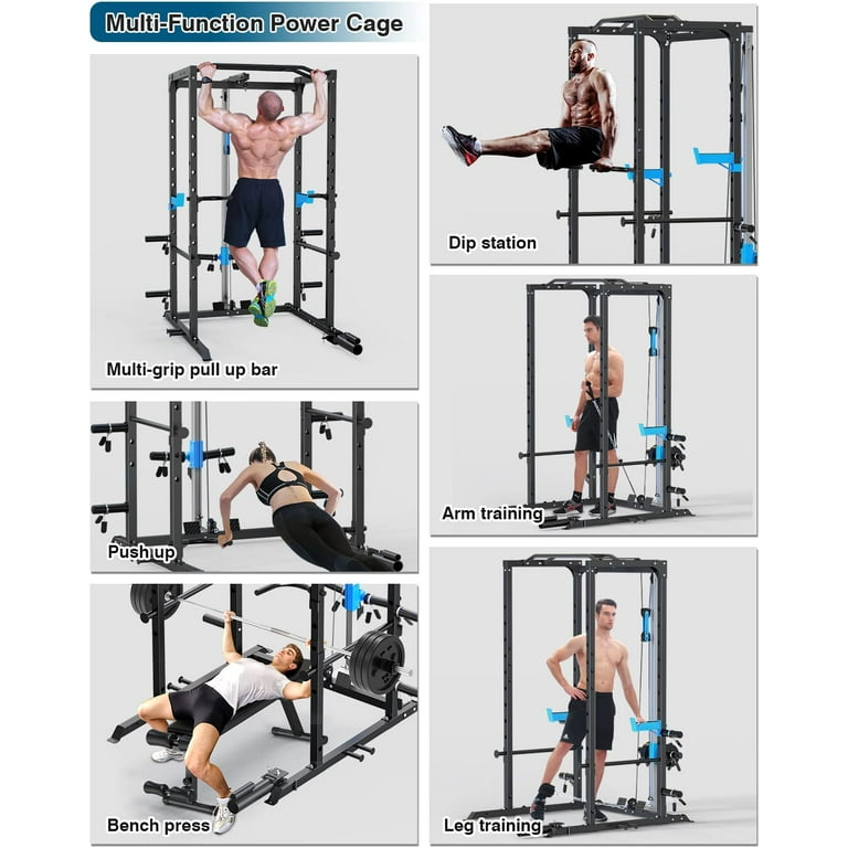 Power Cage, Multi-Functional Power Rack with J-Hooks, Dip Handles, Landmine  Attachment and Optional Cable Pulley System for Home Gym