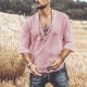 thumbnail image 5 of Designer Spring Summer Men's Casual Cotton Linen Solid Color Long Sleeve Shirts Loose Stand Collar Shirts 2XL, 5 of 5