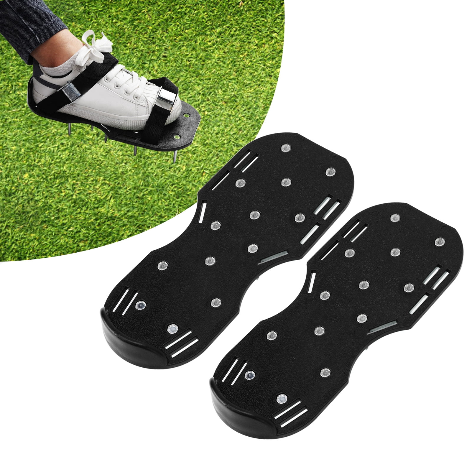 NFTIGB Manual Lawn Scarifier Garden Spike Sandals Grass Aerator Shoes with Zinc Alloy Metal Buckle Straps for Gardening Industry Black Heavy Duty Yard Turf Care Tool 11.6 inches / 29.5 cm