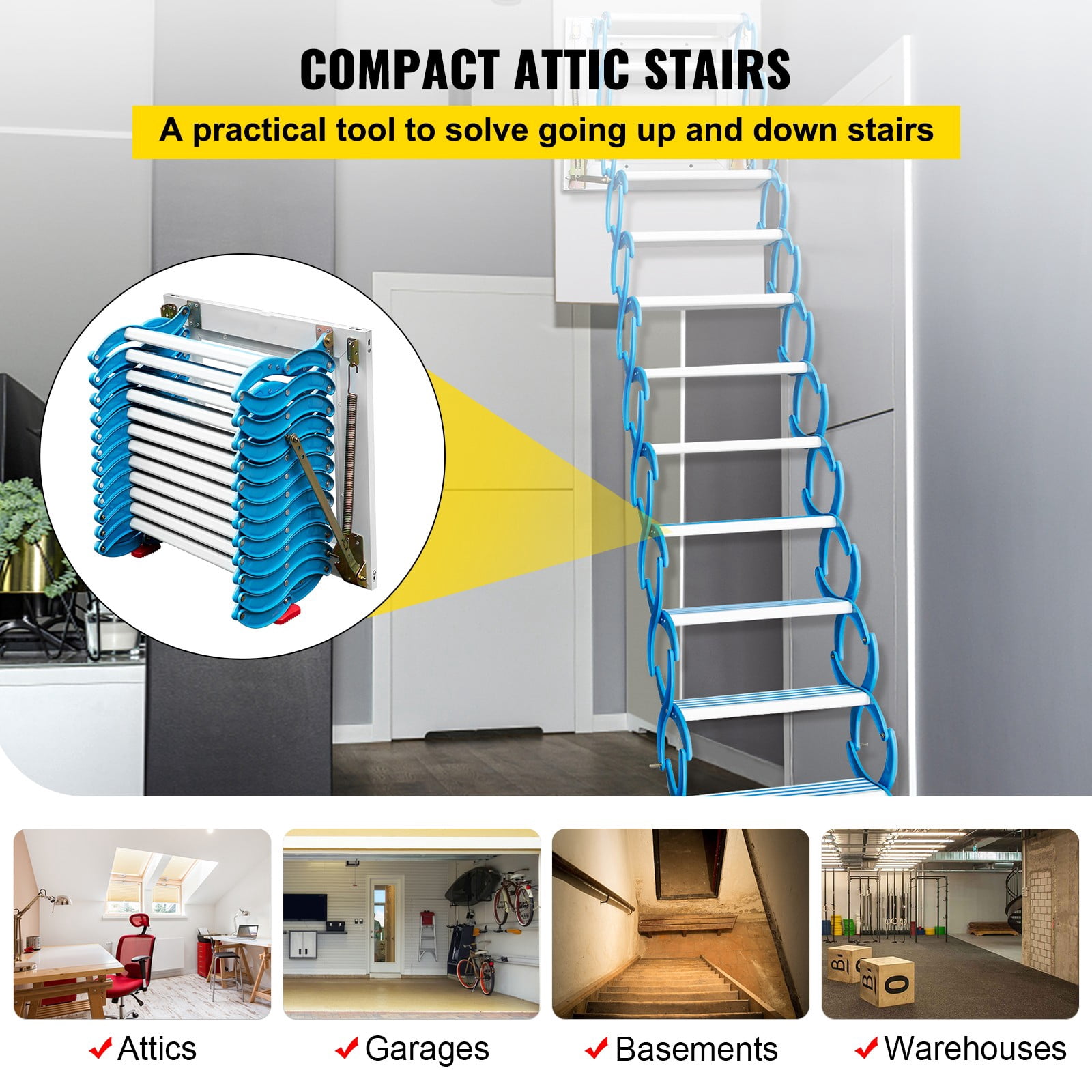 BENTISM Retractable 12 Steps Pulldown Attic Stairs Folding Loft Ladder, 19.7 x 5.5 in, Mg-Al Alloy, Blue