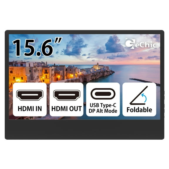 GeChic M505E 15.6 inch FHD 1080p Portable Monitor with USB Type-C Input, HDMI Input/Output, DC-IN port, daisy chain display for conference, factory, industry, gaming, Plug&Play, foldable screen