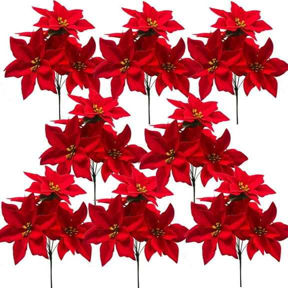 Nvzi 8 Pack 7 Heads Christmas Artificial Poinsettia Flowers Faux Poinsettia Bush Bouquets Silk Poinsettia Christmas Tree Ornaments Poinsettia Flowers Arrangement for Xmas Holiday Decor(Red)
