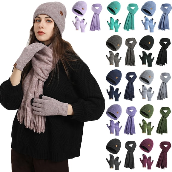 Resicozy Winter Hat Scarf Gloves Set for Women Knit Skull Long Scarves Warm Gloves Set Soft Neck Warmer Driving Run Snow Ski Gloves for Cold Gifts Navy