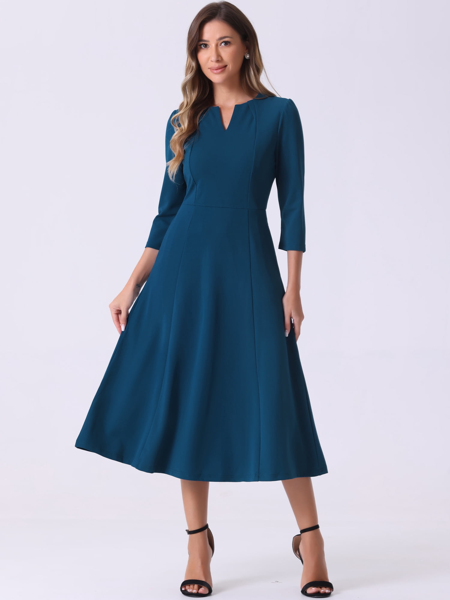DARING DIVA Work Office Elegant 3/4 Sleeve V Neck A-Line Dress XL Dark Blue