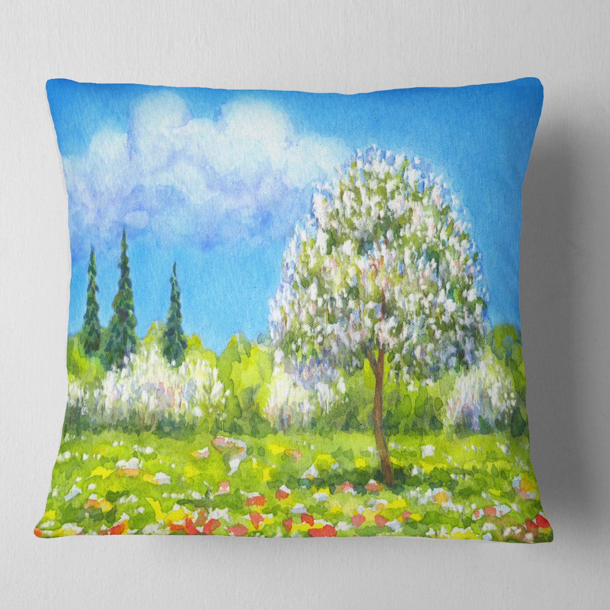 Designart Tree in Different Seasons - Watercolor Landscape Printed Throw Pillow - 18x18