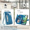 thumbnail image 5 of Dteck Case for iPhone 12/12 Pro,Magnetic Leather 7 Card Slots Zipper Wallet Case Shockproof Rubber Kickstand Cover with Wrist Strap, Blue, 5 of 7