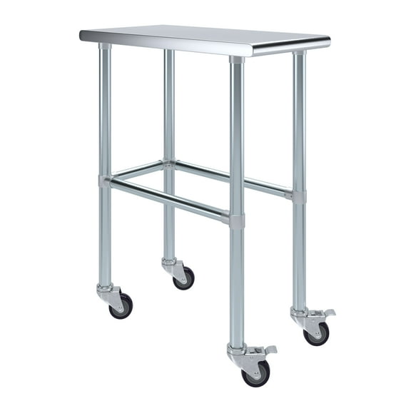 AmGood 15" Long x 30" Deep Stainless Steel Work Table With Open Base and Wheels | Mobile Metal Table