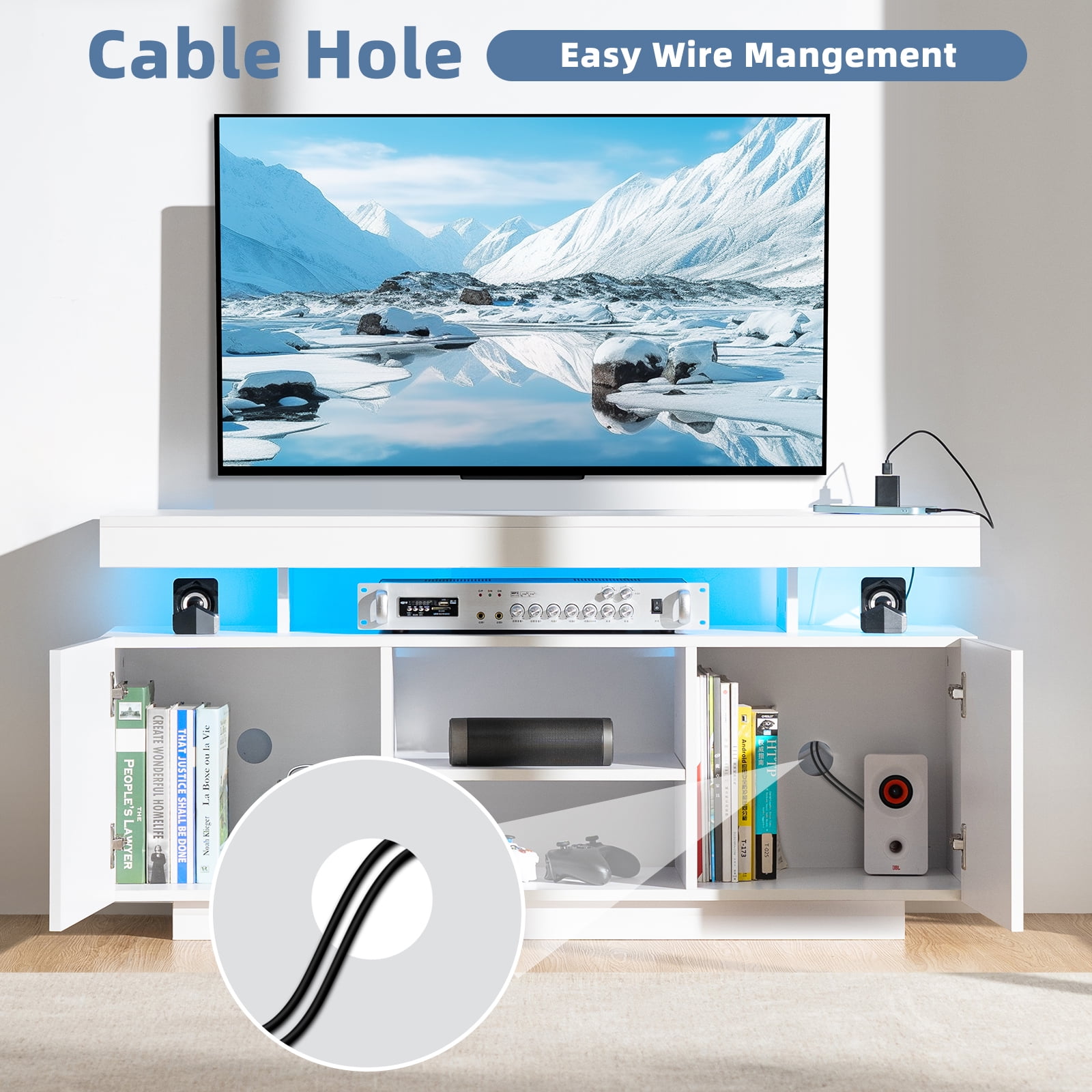 Hommpa TV Stand for TVs up to 55" with LED Lights & Power Outlets Modern Gaming Entertainment Center High Gloss Media Console TV Cabinet White