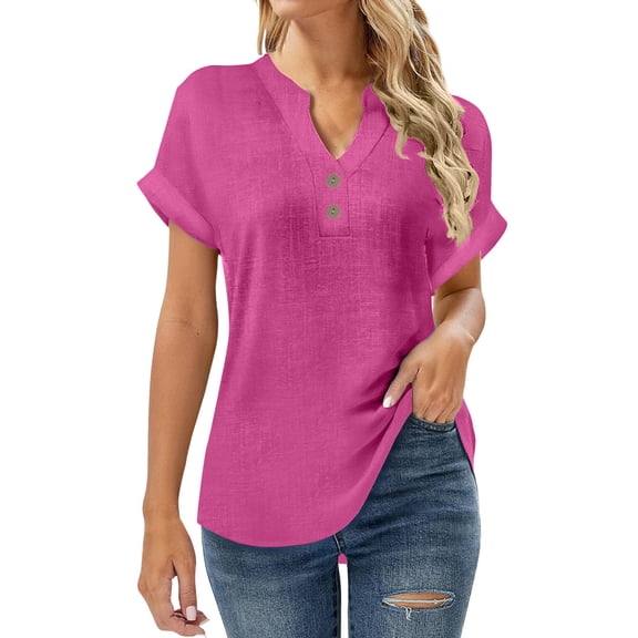 Kilaqueen Women's Tops, Tees & Blouses Cotton Linen Short Sleeve V Neck Shirts Solid Color Casual Comfy Lightweight Relaxed Fit Pullover