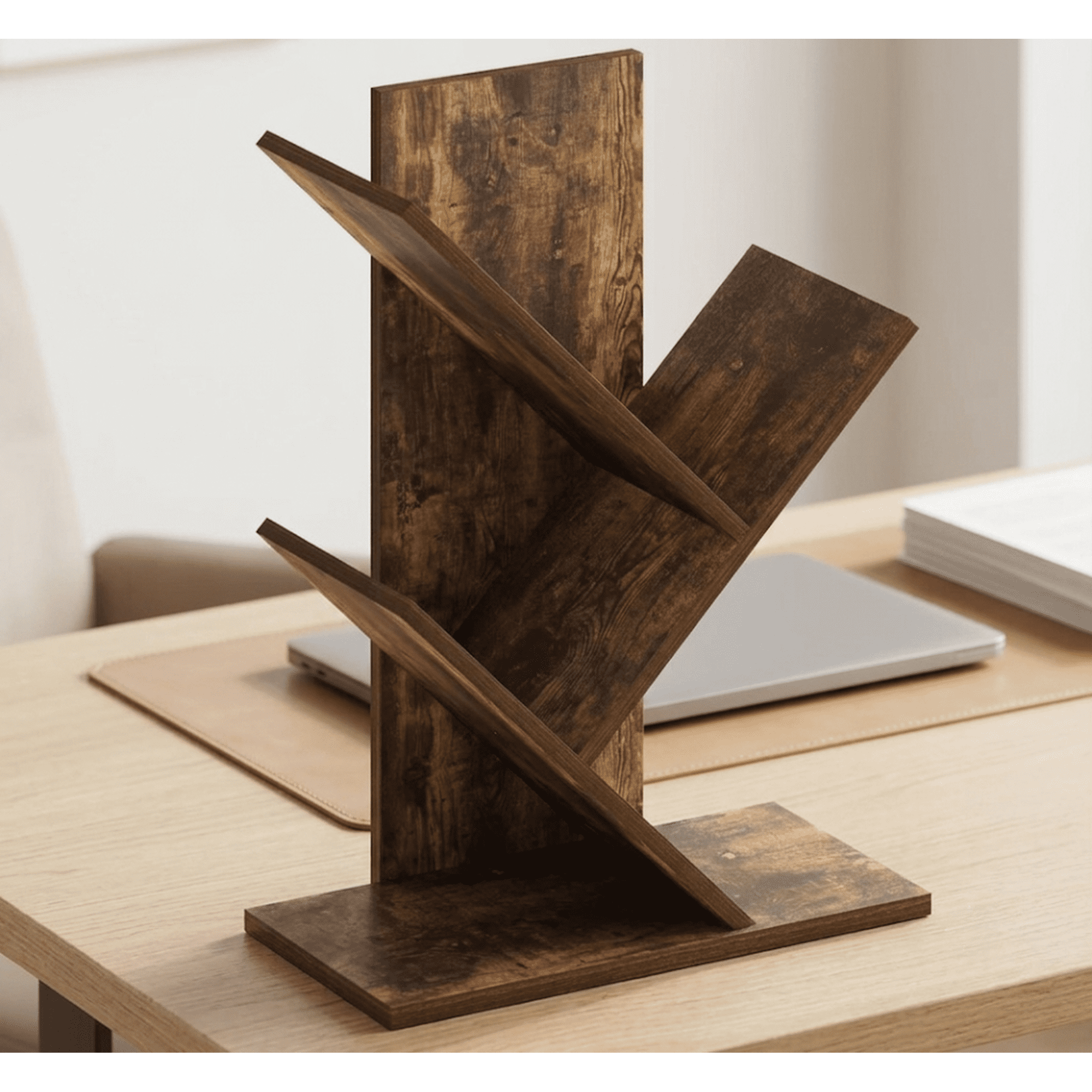 2-Tier Tree Bookshelf Desktop Geometric Open Book Rack Angled Small Storage Organizer Shelf for Bedroom Office and Living Room Decor Brown