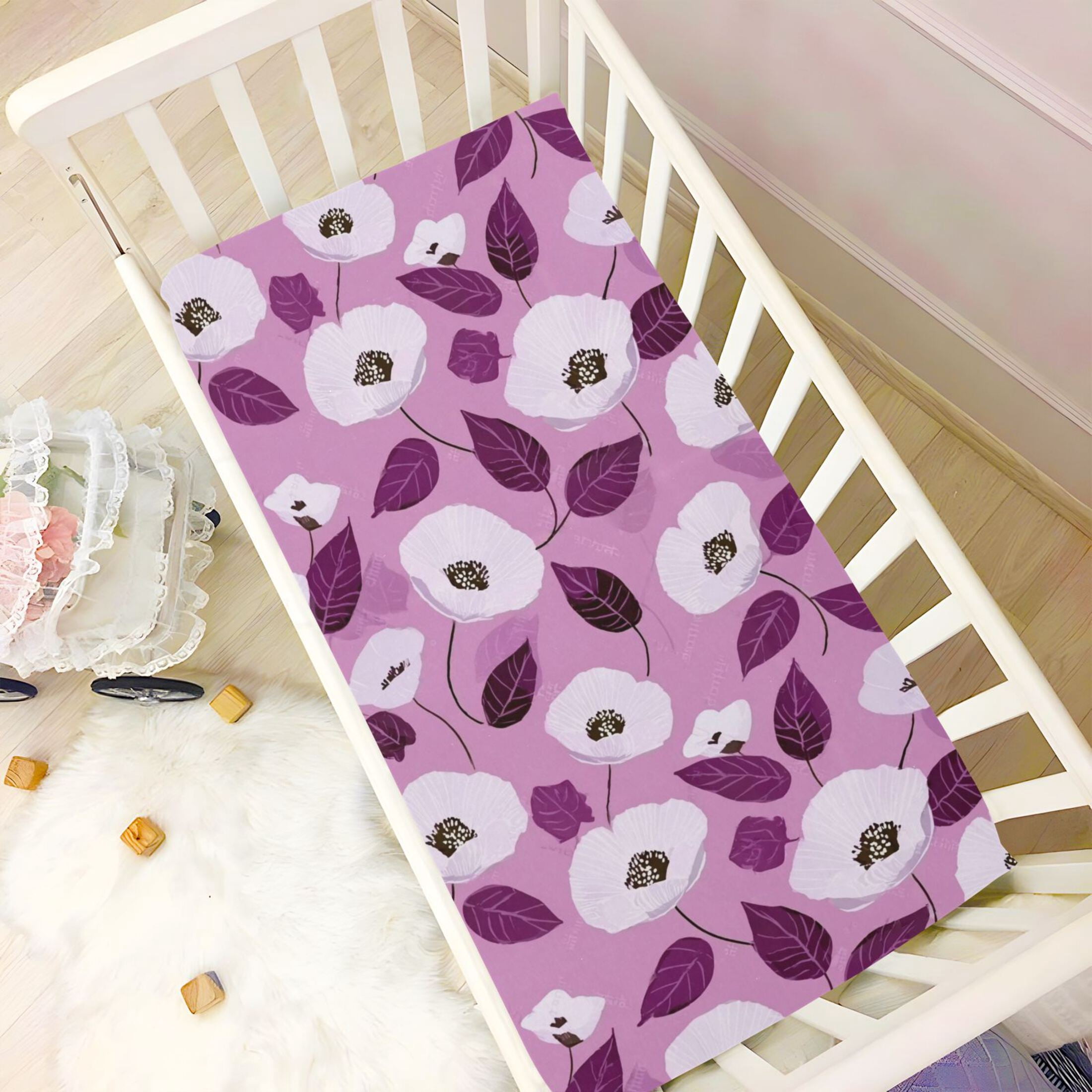 Baby Essentials 52”x 28”- Standard Cotton-like Modal Elastic- Purple Flowers Design Crib Sheets for Newborns and Toddlers