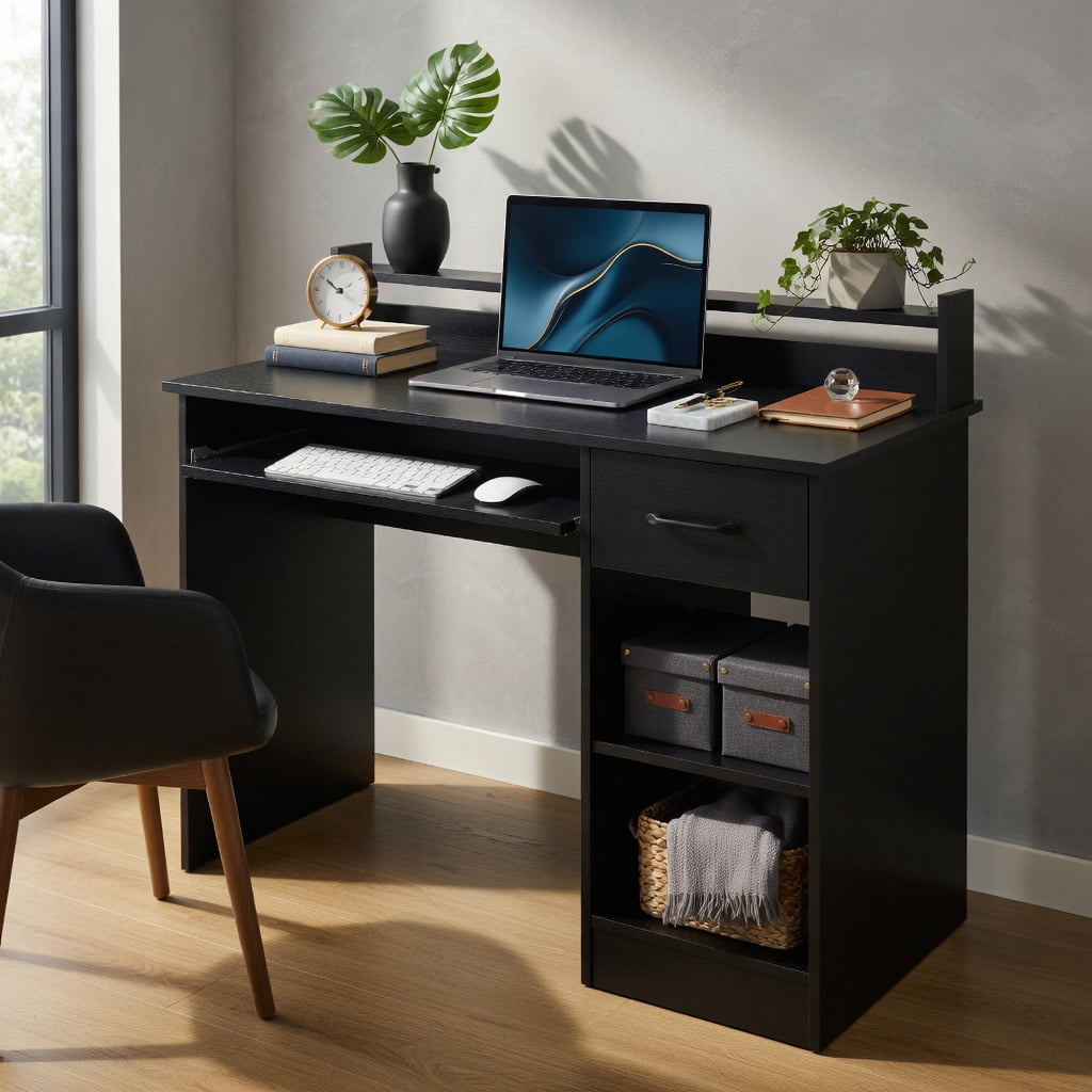 Topcobe Study Laptop Table with Drawer and Keyboard Tray, Desks for Bedrooms, Ideal for Working and Studying, Black
